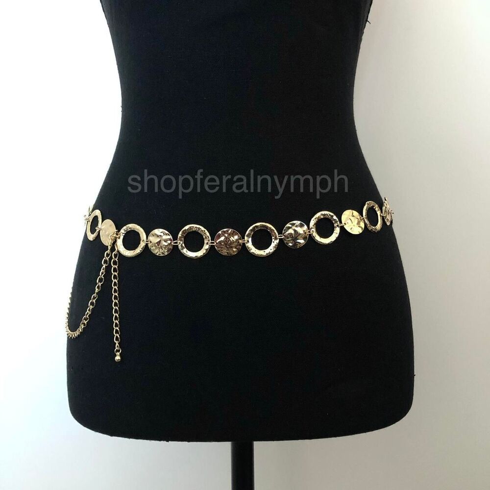 Y2K Boho Gold Hammered Coin Circle Chain Belt, Fits 20-44 Inches, X7GA1152